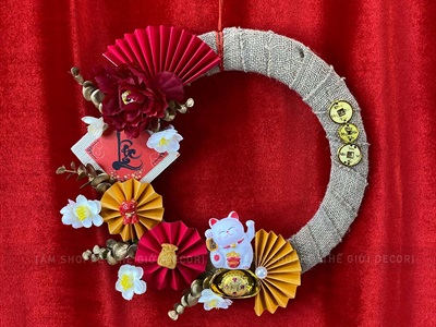 Vòng treo cửa Tết vải bố quạt xếp Mèo Thần Tài [2 Kiểu] ĐK 35cm VTC-T-48